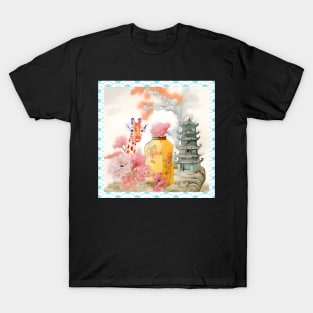 Chinoiserie with pagoda and curious giraffe T-Shirt